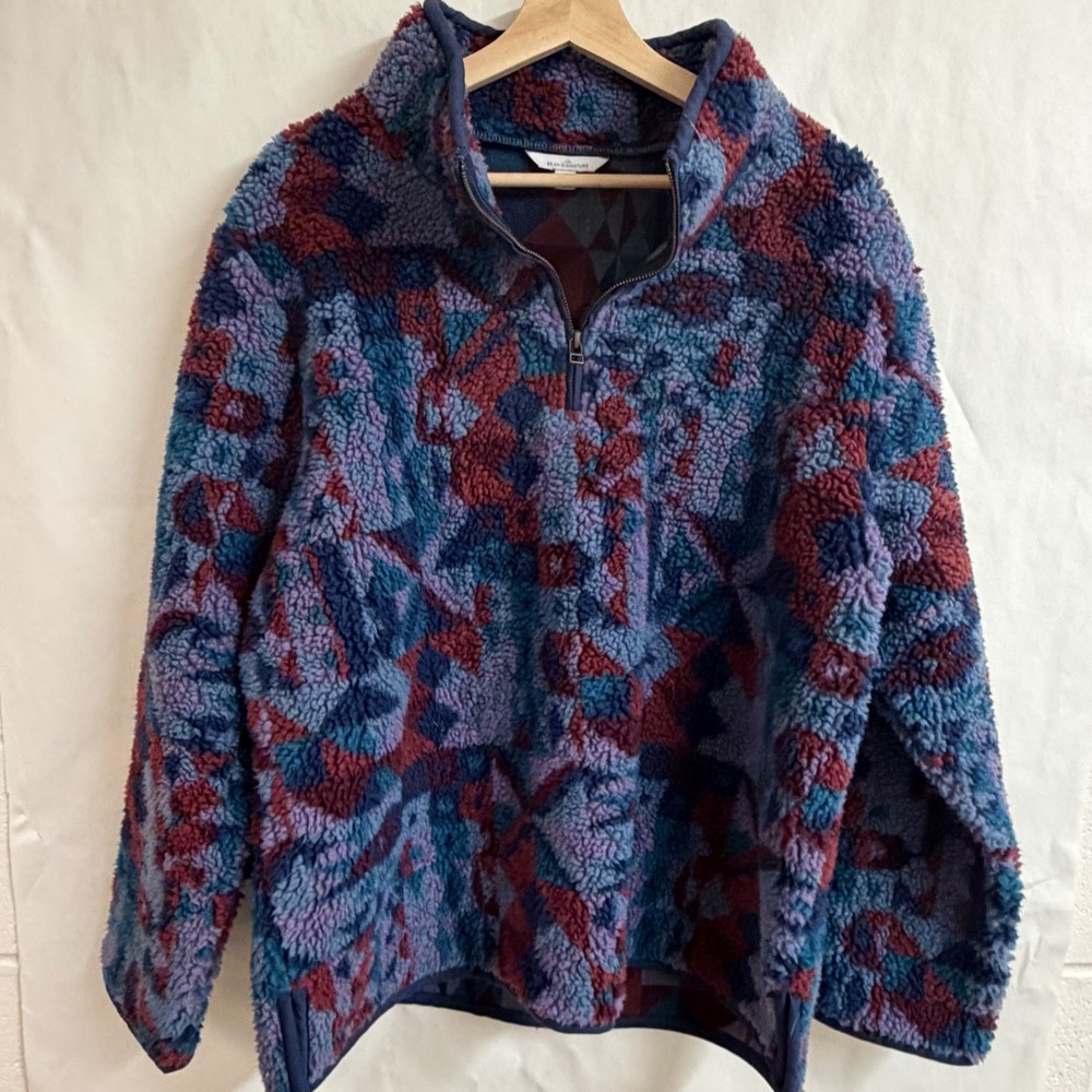 LL Bean Signature Mens XL‎ Sherpa Pile Fleece Aztec Zip Teddy Geo Pullover Blue